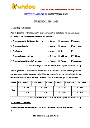 Đề thi vào Lớp 10 môn Tiếng Anh - Năm học 2019- 2020 (Có đáp án)